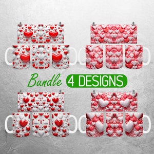 3D Pink Red Hearts Mug Wrap PNG Valentine Love 11oz and 15oz Mug Sublimation Design San Valentin Mug Wrap Designs Full Mug Wrap Bundle PNG