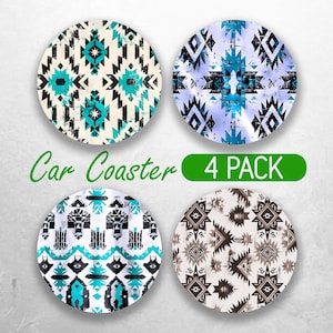 May include: Set of four car coasters with a geometric pattern in shades of blue, black, white, and brown. The coasters have a distressed, vintage look. The text "Car Coaster 4 PACK" is printed on a green label.