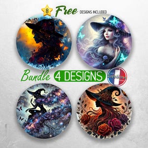 May include: A set of four digital designs featuring witches with different styles of hats and clothing. The designs are set against a background of flowers, butterflies, and stars. The designs are perfect for creating unique and whimsical crafts.