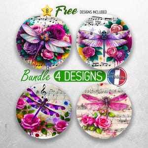 Purple Dragonfly Car Coaster PNG Bundle Floral Dragonflies Coaster Png Sublimation Music Notes Round Coasters PNG Roses Coasters Designs