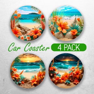 May include: Set of four round car coasters featuring a tropical beach scene with orange flowers, palm trees, and blue ocean waves. The text "Car Coaster 4 PACK" is printed on a green rectangle.