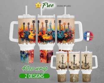 40oz Akwarela Gitara Tumbler Wrap 40oz Pasek Gitara Elektryczna Tumbler PNG 40oz Nuty Muzyczne Sublimacja 40oz Uchwyt Stanley Tumbler 40oz