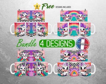 Highland Cow Mug Wrap Bundle Cute Baby Cow Mug PNG Design Western Rainbow Full Mug Wrap | 11oz and 15oz Mug Sublimation