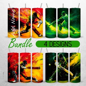 Puede incluir: Un juego de cuatro vasos de acero inoxidable de 20 oz con un diseño de jugador de cricket. Los vasos presentan un fondo abstracto colorido con salpicaduras de amarillo, rojo, verde y negro. El jugador de cricket está representado en acción, balanceando un bate y vistiendo un uniforme verde y amarillo. Los vasos son perfectos para los fanáticos del deporte y los entusiastas del cricket.