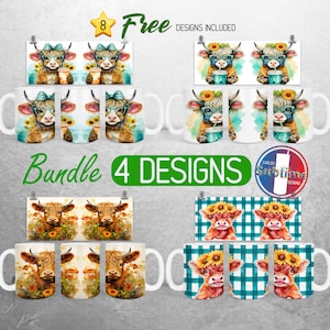 Sunflower Highland Cow Mug Wrap PNG Bundle Baby Cow Coffee 11oz and 15oz Mug Sublimation Design Floral Cute Cow Mug Wrap Full Designs