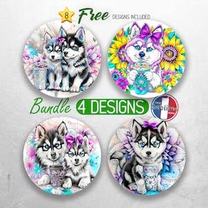 Cute Husky Dog Car Coaster PNG Flower Puppy Car Coaster Sublimation Designs Dog Mandala Car Coaster Designs Car Coasters Bundle