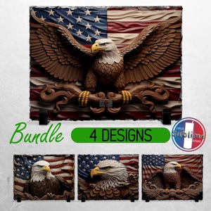 May include: A detailed relief sculpture of a bald eagle with outstretched wings, set against a backdrop of the American flag. The image includes the text "Bundle 4 Designs" and a logo.