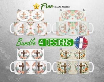Paquete de envoltura para taza con cruz floral, diseño PNG de taza cristiana de fe, envoltura para taza completa con Biblia religiosa, sublimación de taza de 11 oz y 15 oz