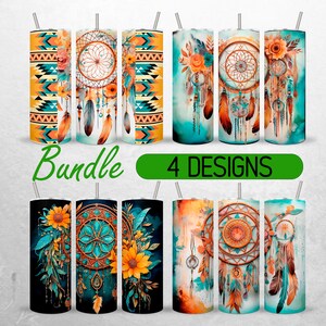 May include: Bundle of 4 tumbler designs featuring dreamcatchers, feathers, sunflowers, and geometric patterns in shades of orange, teal, and brown.  "Bundle" and "4 Designs" are written in white text on a green background.