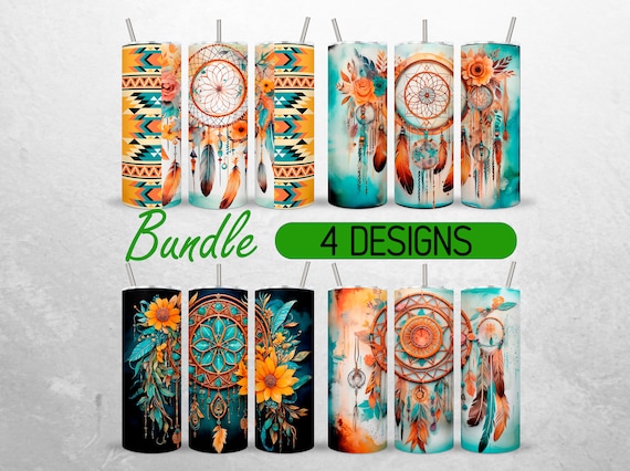 Dreamcatcher Tumbler Wrap Watercolor Boho Tumbler Wrap Feathers Flowers Tumbler PNG Bundle Sublimation +18 FREE Tumbler Designs 20 oz wrap
