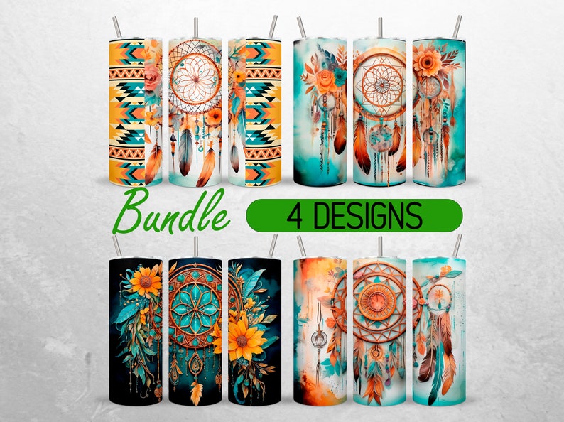 May include: Bundle of 4 tumbler designs featuring dreamcatchers, feathers, sunflowers, and geometric patterns in shades of orange, teal, and brown.  "Bundle" and "4 Designs" are written in white text on a green background.