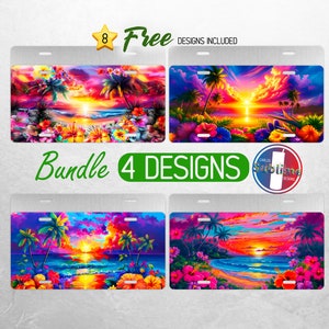 Beach Sunset License Plate PNG Ocean Summer License Plate Design Hibiscus Tropical Beach Car License Plate Sublimation License Plate Bundle