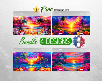 Beach Sunset License Plate PNG Ocean Summer License Plate Design Hibiscus Tropical Beach Car License Plate Sublimation License Plate Bundle