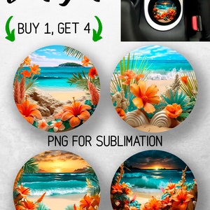 May include: Four digital designs of car coasters featuring a tropical beach scene with palm trees, orange hibiscus flowers, and blue ocean waves. The text "BUY 1, GET 4" and "PNG FOR SUBLIMATION" are also included in the image.