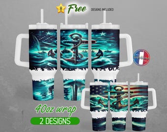 May include: Set of eight 40oz tumbler wraps featuring two designs. The designs feature a blue and white anchor with a red, white, and blue American flag background. The text "Free Designs Included" is visible in the image.