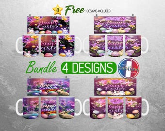 Floral Happy Easter Mug Wrap Bundle Easter Bunny Mug PNG Design Easter Eggs Full Mug Wrap | 11oz and 15oz Mug Sublimation