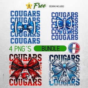 Cougars Schulteam Maskottchen Bogen Shirt PNG, Blauer und Weißer Team Fußball, Jubeln, Schulgeist, Spieltag, Sport Mom Shirt Sublimationsentwurf
