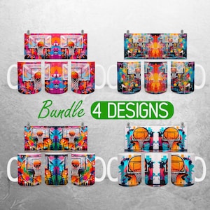 May include: Set of four colorful ceramic mugs with a basketball theme. Each mug features a different design with a basketball hoop and ball, with a vibrant abstract background. The mugs are arranged in two rows of two, with the text "Bundle 4 Designs" in green letters below.