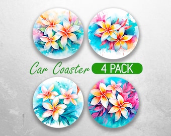 Car Coaster PNG Tropical Plumerias Car Coaster Sublimation Designs Watercolor Flower Car Coaster Bundle Car Coaster Designs Flower Coaster