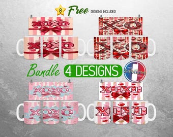 Pacchetto di tazze XOXO per San Valentino Tazza di San Valentino PNG Design Cuori con fiocco di San Valentino Tazza completa per 11oz e 15oz / Disegni a sublimazione