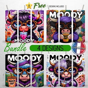 Moody Cow Tumbler Wrap Bundle Highland Cow 20oz Tumbler PNG Funny Cow Tumbler Design Coffee 20oz Skinny Tumbler Sublimation