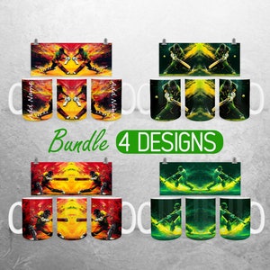 Puede incluir: Paquete de 4 diseños para tazas personalizadas con un jugador de cricket en acción. Las tazas tienen un fondo blanco con un diseño amarillo y rojo o verde y negro. El texto "Bundle 4 Designs" es visible en el centro de la imagen.