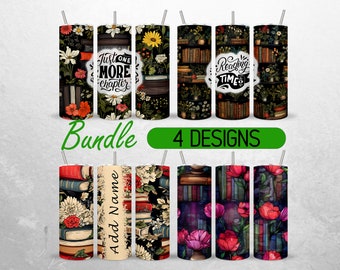 May include: Bundle of four 20 ounce stainless steel tumbler designs featuring a bookshelf with books and flowers. The designs include "Just One More Chapter", "Reading Time", and two designs with floral patterns.