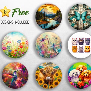 May include: Eight different designs for round coasters. The designs include a mountain scene, a butterfly on a cross, a field of flowers, dragonflies, a group of cats, a cow, and two dogs.