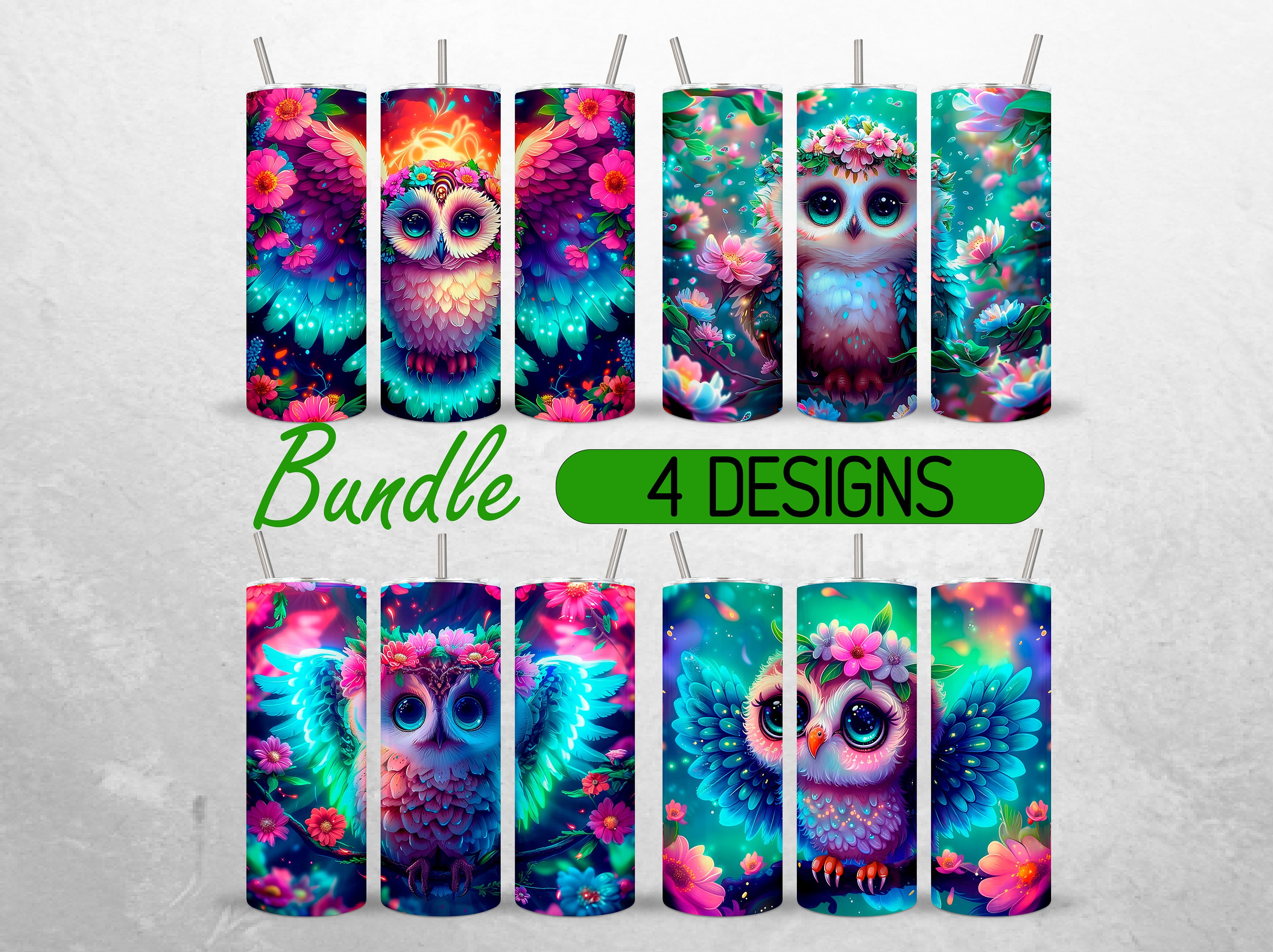 3D Baby Owl Tumbler Wrap Colorful Owl Tumbler PNG Woodland Animal Owl Sublimation PNG Design Bundle 