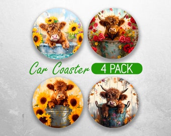 Baby Highland Cow In a Bucket Car Coaster PNG Highland Cow Car Coaster Sublimation Designs Boho SunFlowers Car Coaster Designs Bundle