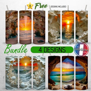 Seamless 3D Summer Beach Tumbler Wrap Bundle Ocean Sea Shells 20oz Tumbler PNG Sunset Beach Tumbler Design 20oz Skinny PNG Sublimation