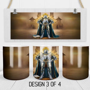 Peut inclure: Une tasse en c&eacute;ramique blanche avec un motif de chevalier en armure brillante tenant un livre. Le chevalier se tient devant un ch&acirc;teau avec une lueur dor&eacute;e derri&egrave;re lui. La tasse est un excellent cadeau pour tous ceux qui aiment la fantasy et les th&egrave;mes m&eacute;di&eacute;vaux.