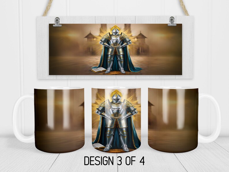 Peut inclure: Une tasse en c&eacute;ramique blanche avec un motif de chevalier en armure brillante tenant un livre. Le chevalier se tient devant un ch&acirc;teau avec une lueur dor&eacute;e derri&egrave;re lui. La tasse est un excellent cadeau pour tous ceux qui aiment la fantasy et les th&egrave;mes m&eacute;di&eacute;vaux.