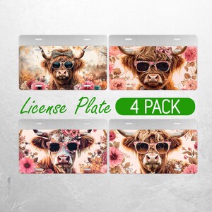 Fun Highland Cow  License Plate PNG Flower Cute Cow License Plate Design Cheetah Floral Car License Plate Sublimation License Plate Bundle
