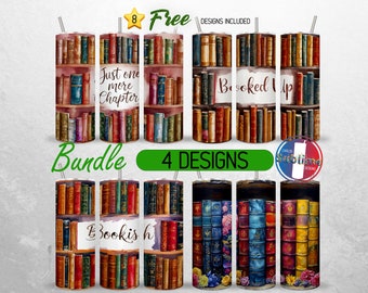 May include: A set of eight 20 ounce stainless steel tumblers with a sublimation design featuring a bookshelf with books. The designs include "Just one more chapter", "Booked Up", and "Bookish".
