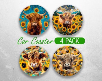 Highland Cow Sunflower Car Coaster PNG Cute Highland Cow Car Coaster Sublimation Designs Spring Car Coaster Designs Car Coasters Bundle