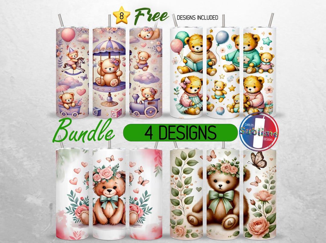 Watecolor Teddy Bear Tumbler Wrap 20oz Bundle Cute Bear Girl Boy ...
