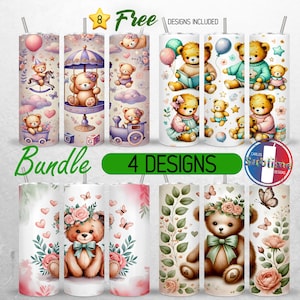 Watecolor Teddy Bear Tumbler Wrap 20oz Bundle Cute Bear Girl Boy Tumbler PNG 20oz Teddy Bear Baby Shower Seamless Sublimation Design