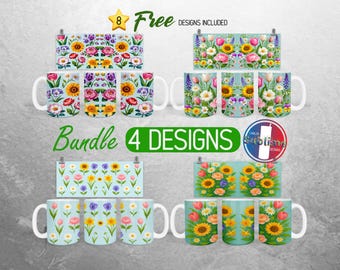 Pacchetto di tazze con fiori primaverili Boho, tazze da giardino con fiori PNG, design con rose, girasoli e tulipani, tazze da 11 e 15 once, stampa a sublimazione.