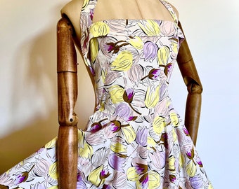 1950’s Tulip Print Cotton Halter Dress w/ pocket by Goody June. Springtime Stunner!