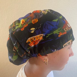 Spooky Season Camping Scrub Cap, Euro Scrub Cap, surgical scrub hats, scrub hat, scrub caps for women, surgeon scrub caps