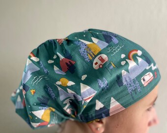 Euro Style Adjustable Surgical Scrub Hat Into the Woods Camp Life Satin Lining Option Scrub Cap