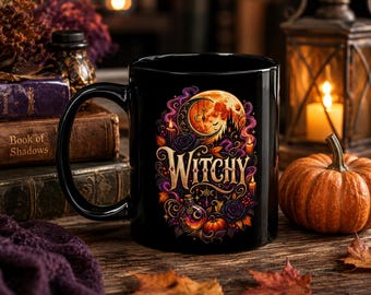 Witchy Halloween Moon Mug | Black Ceramic Coffee Cup