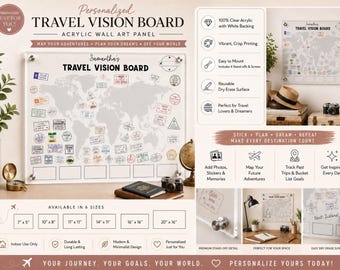 Personalized Travel Vision Board Acrylic Wall Art Panel | World Map Passport Stamp Design, Custom Name Planner, Reusable Dry Erase Board