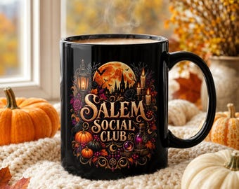 Salem Social Club Pumpkin Moon Design Mug | Black Ceramic Mug