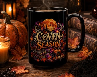 Coven Season mug | Black ceramic Halloween witchcraft design