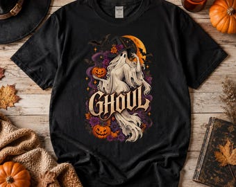Ghoul Witch Illustration T-shirt | Halloween Pumpkin Bats