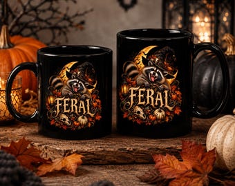 Feral Raccoon Halloween Mug | Black Ceramic Coffee Cup
