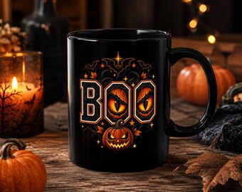 BOO Halloween Eyes Pumpkin Mug | Black Ceramic Coffee Cup