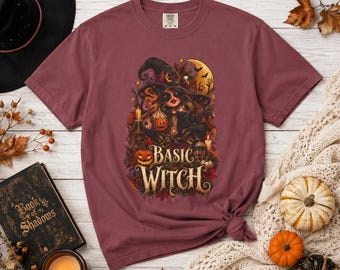 Basic Witch Halloween graphic T-Shirt | Witch hat pumpkin moon design